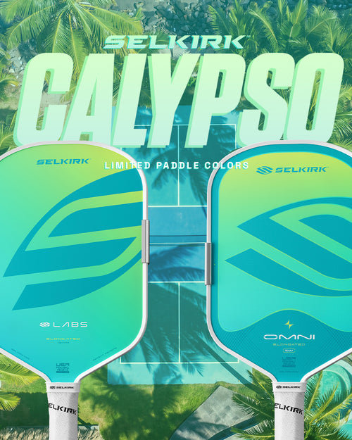 Two Selkirk paddle models, labeled Labs and Omni, displayed side-by-side against a tropical palm tree background with 'SELKIRK CALYPSO' text at the top.